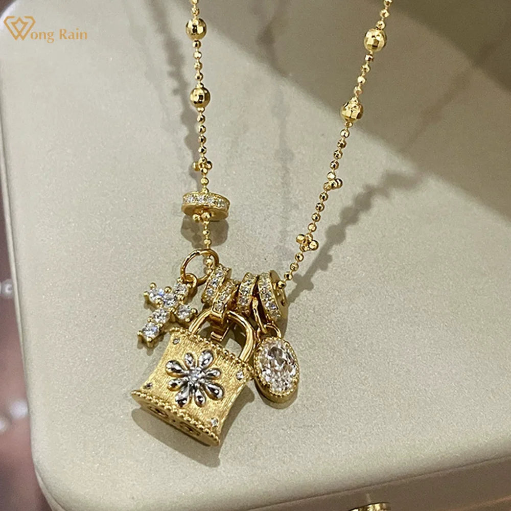 Wong Rain Vintage 925 Sterling Silver Lab Sapphire High Carbon Diamond Gemstone Personality Pendant Necklace Fine Jewelry Gifts