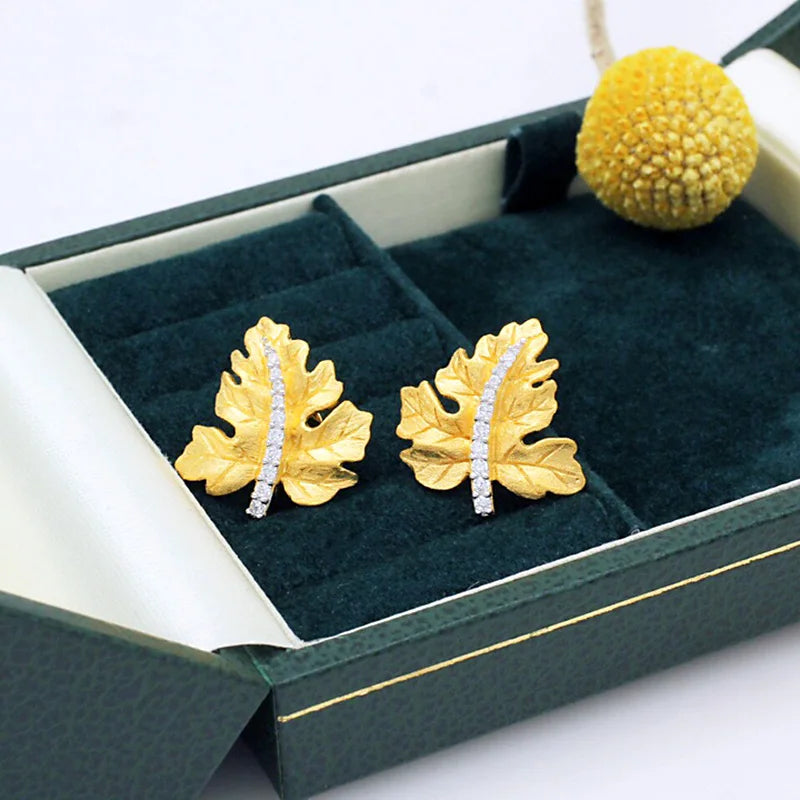 ZOCA Vintage Brushed Craft 925 Sterling Silver Thick Gold Plated Maple Leaf Stud Earrings Elegant Daily Wear Women Gift Jewelry