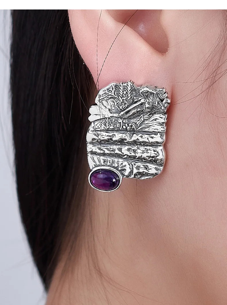 S925 Sterling Silver Stud Earrings for Women Mermaid Retro Texture Geometric Pattern Inlaid Amethyst Ear Stud Jewelry Wholesale