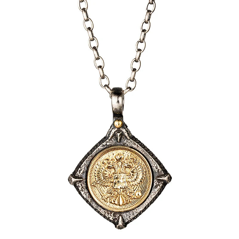 Double Headed Eagle Embossed Silver Inlaid Copper Pendant Necklace  Byzantine Style Vintage Antique Jewelry Gift