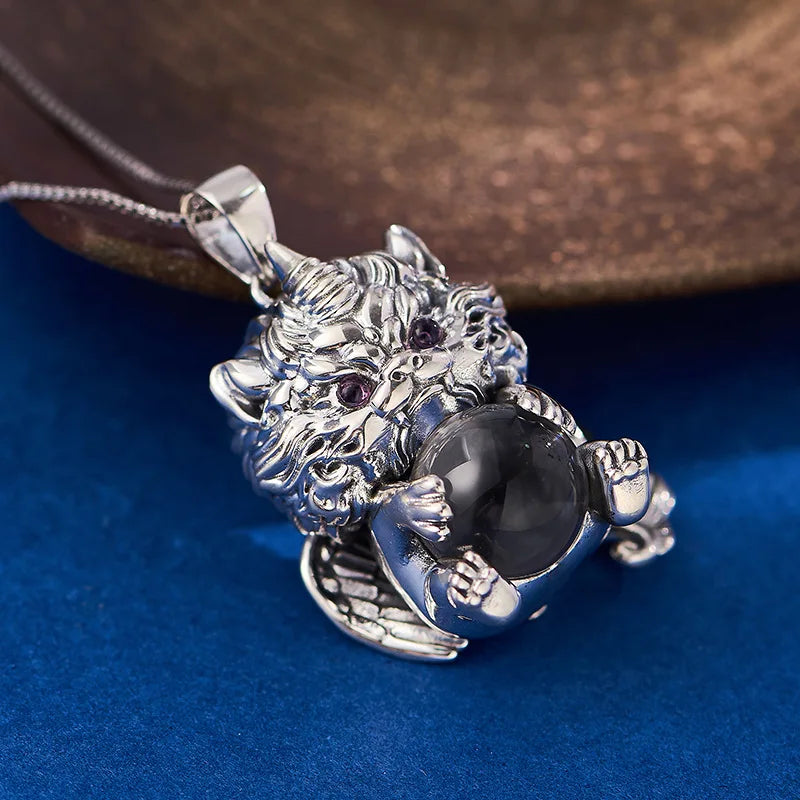 S925 Sterling Silver Pendant for Women Men Retro Wealth Mascot Pixiu Inlaid Rock Crystal Balls Charm Fashion Jewelry Wholesale