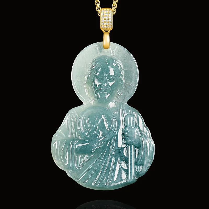 S Myanmar Jadeite St Jude Pendant Necklace Designer Fashion Accessories Charm 18K Gold Plated Vintage Gifts for Women Real Jade