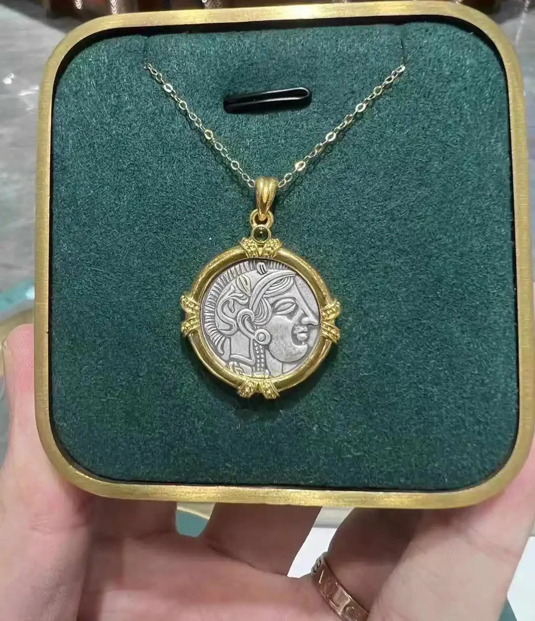 TIYINUO Authentic AU750 Real 18K Real Gold Ancient Coin Athena Owl Pendant Twisted Rope Necklace Delicate Gift For Woman Jewelry