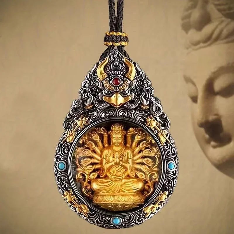 Blessing Yellow Jambhala Tathagata Avalokitesvara Necklace For Men Jewelry Ethnic Style Relief Roc Box Buddha Pendant Women Gift