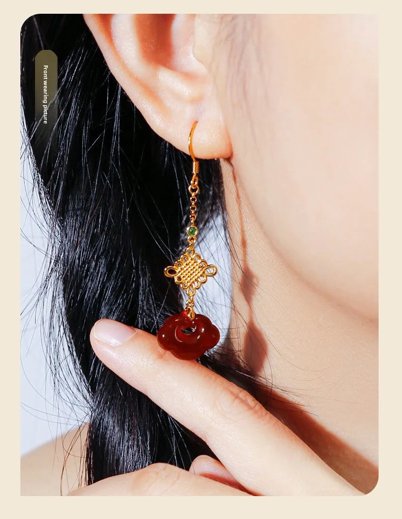 Red Agate Silver Plated Small Flower Good Luck Longevity Lock Agate Earrings Vintage Style for Cheongsam Hanfu Retro Aesthetic