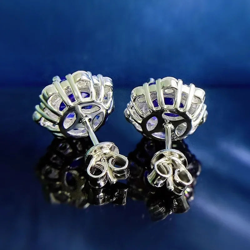 PANSYSEN Vintage 100% 925 Sterling Silver 8MM 2CT Flower Lab Sapphire Diamond Stud Earrings for Women Party Fine Jewelry Gift