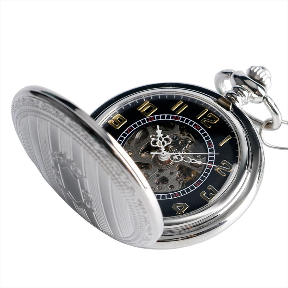 Silver Shield Automatic Mechanical Pocket Watch Arabic Numerals Display Self-Winding Pendant Antique Pocket Clock Male Gifts