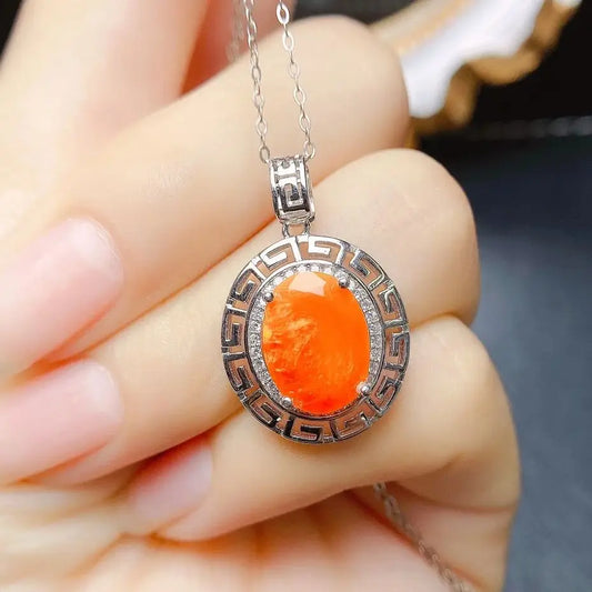Vintage Oval 9x12mm Natural Orange Fire Opal Pendant 925 Sterling Silver Natural Opal Greek Key Style Pendant Necklace For Gift