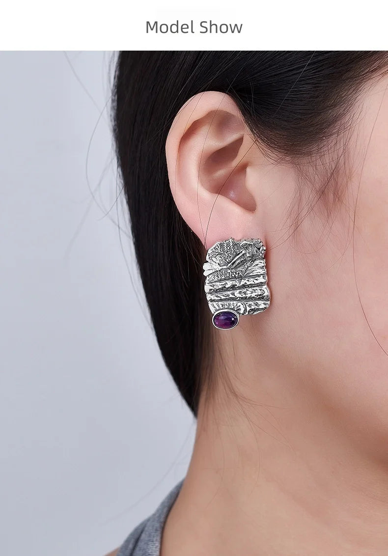 S925 Sterling Silver Stud Earrings for Women Mermaid Retro Texture Geometric Pattern Inlaid Amethyst Ear Stud Jewelry Wholesale