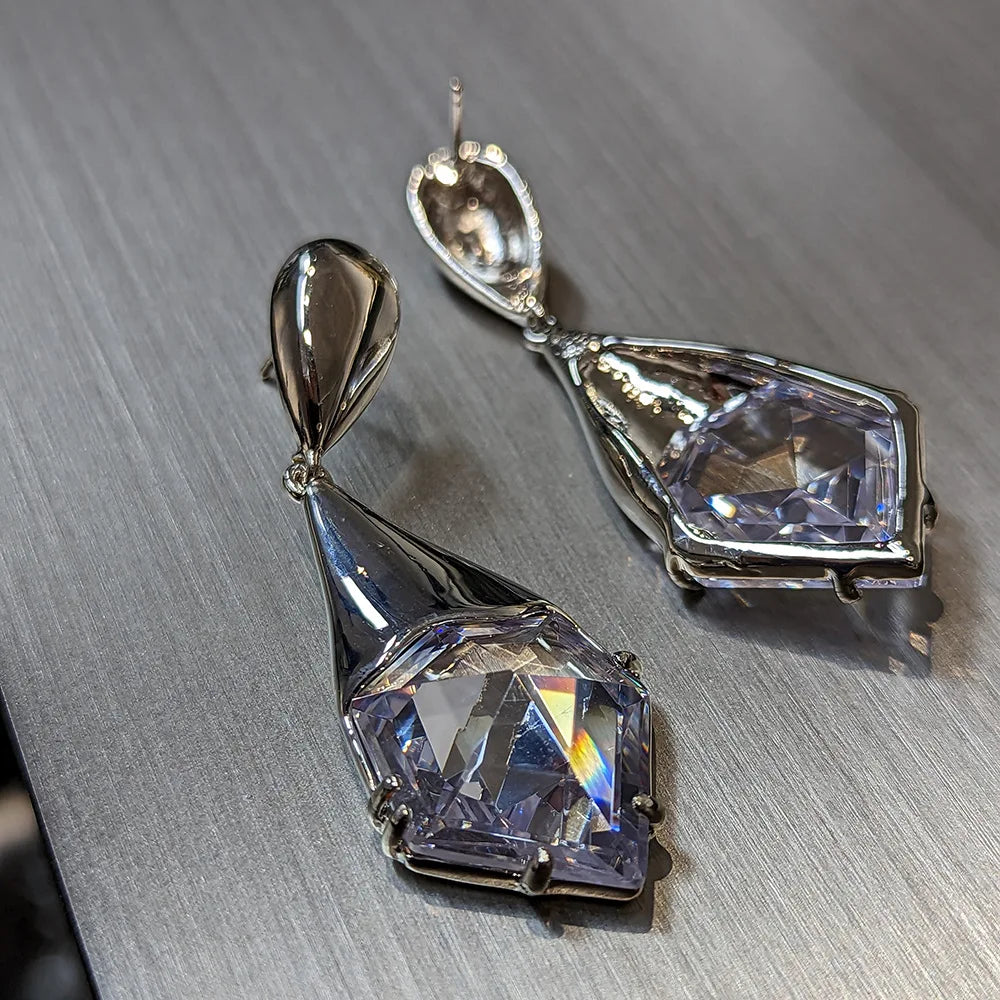 European and American vintage metal fashion French women multi-faceted cut zircon heavy texture gold and silver earrings