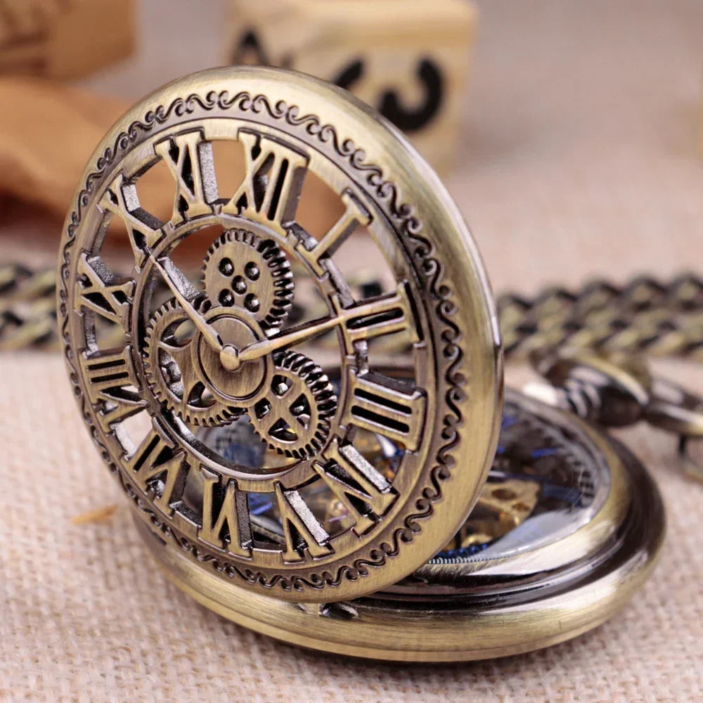 Antique Hollow Roman Number Gear Wheel Design Mechanical Pocket Watch Retro Pendant Clock Gifts for Men Women