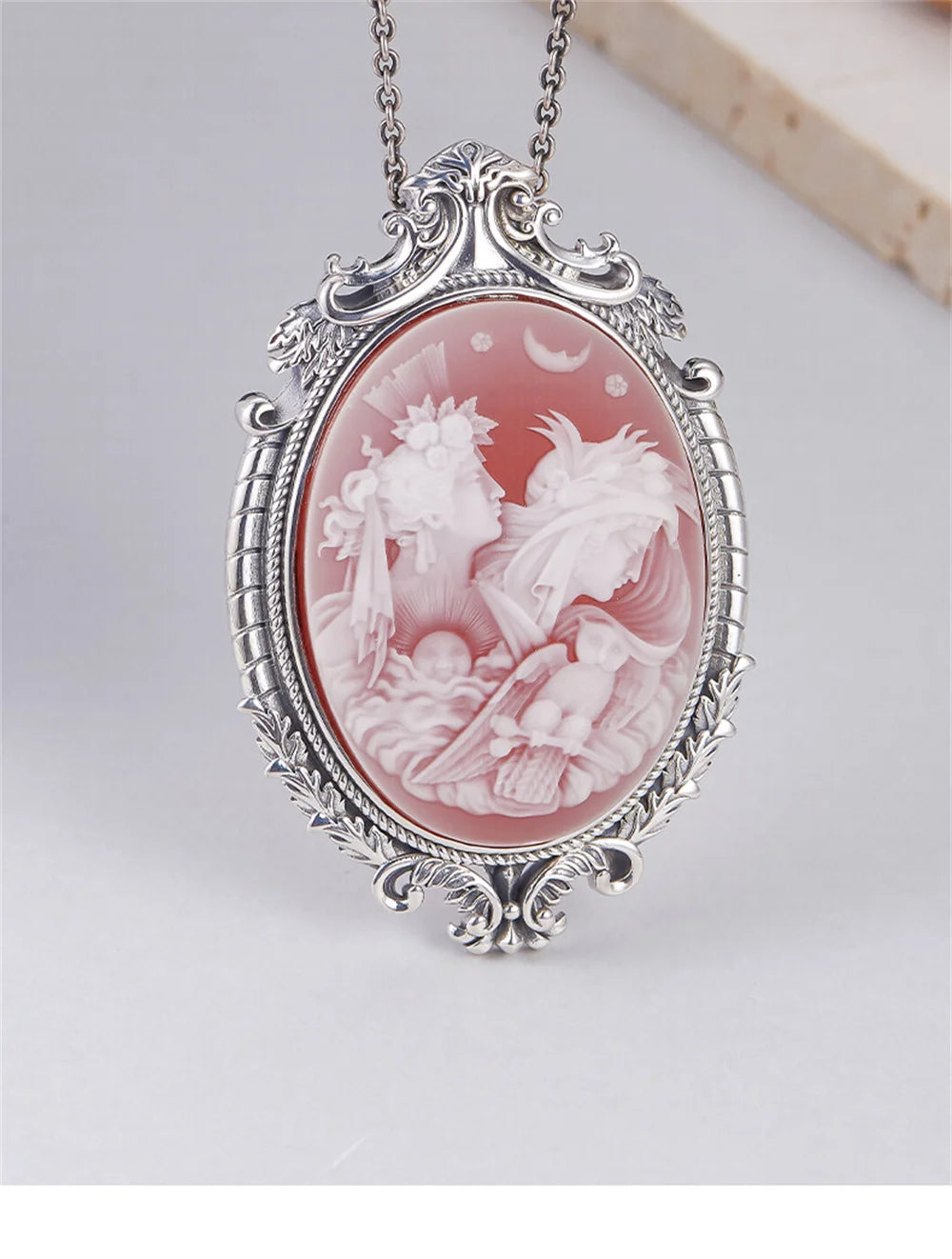 S925 Sterling Silver Charms Pendant for Women Palace Style Pattern Inlaid Red Agate Goddess Head Sculpture Jewelry Wholesale