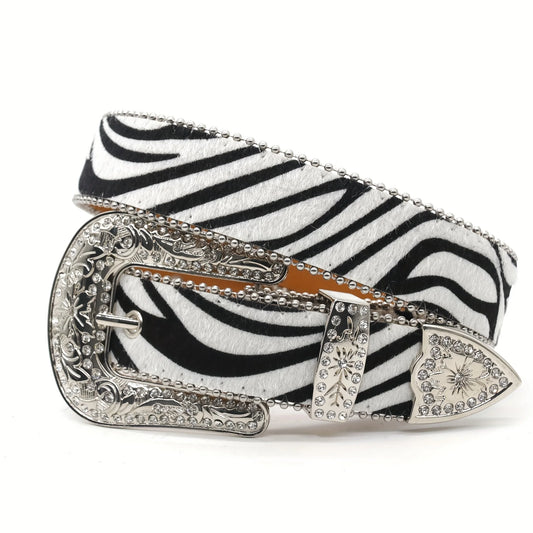 Unisex New Arrival Punk Style Leopard Zebra Print Rhinestone Belt With Alloy Buckle Y2K Belt For Men Women Faux Leather