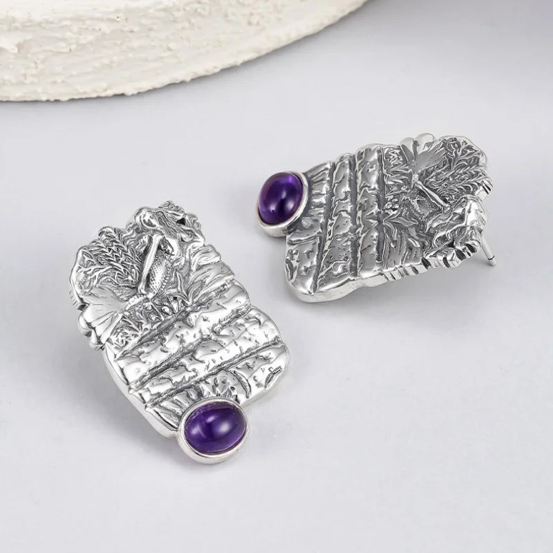 S925 Sterling Silver Stud Earrings for Women Mermaid Retro Texture Geometric Pattern Inlaid Amethyst Ear Stud Jewelry Wholesale