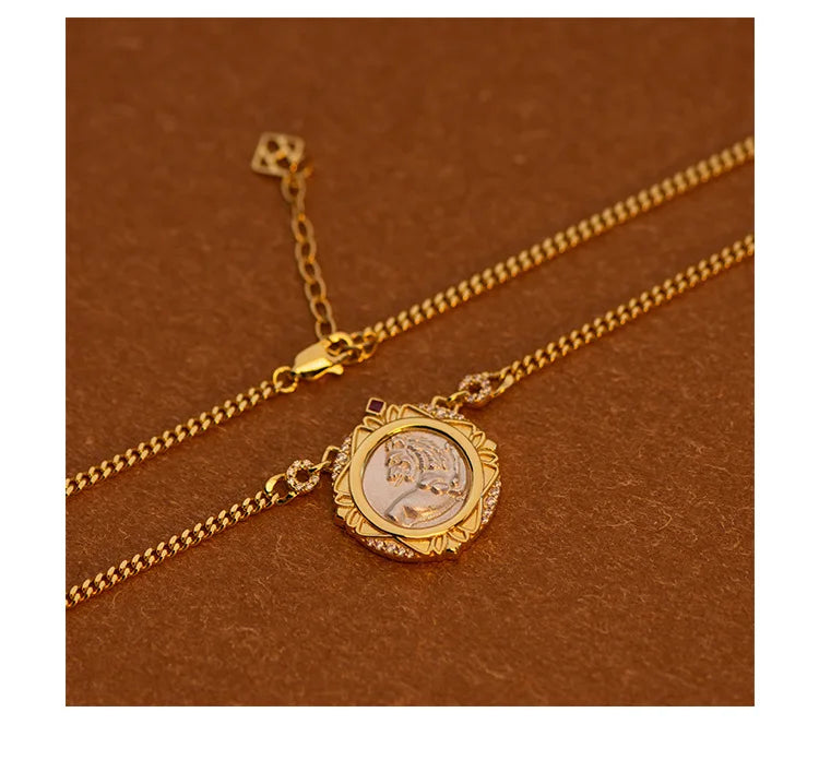 Retro Sterling Silver Necklace For Women's 925 Silver Electroplated 18K Gold Lion Red Treasure Ancient Coin Necklace