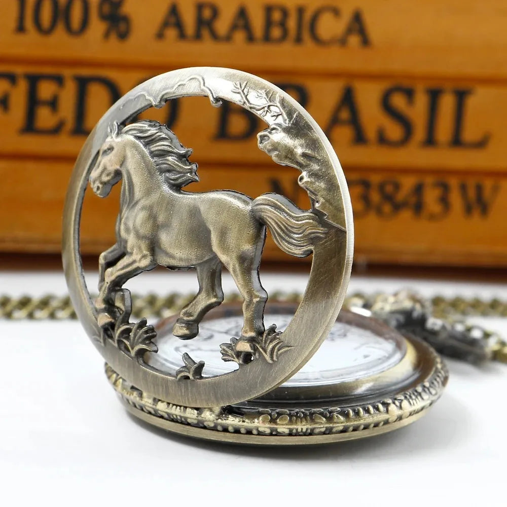 Antique Animal Series Racing Hollow Quartz Pocket Watch Vintage Dial with Chain Necklace Pendant Jewelry Clock Festival Gifts