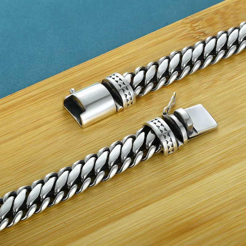 BOCAI New S925 Silver Domineering Bold Style Half Round Pattern Bolt Lock Men's Bracelet Personalized Trend Punk Hip-Hop Jewelry