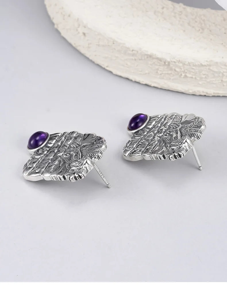 S925 Sterling Silver Stud Earrings for Women Mermaid Retro Texture Geometric Pattern Inlaid Amethyst Ear Stud Jewelry Wholesale