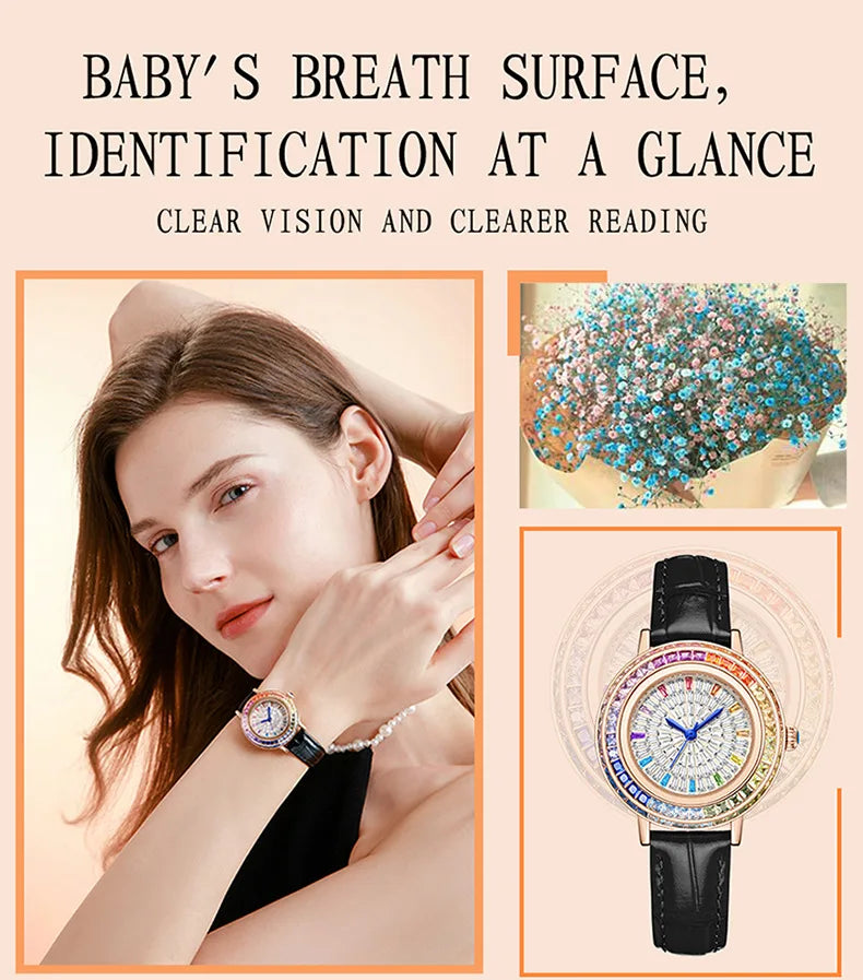Women Fashion Quartz Watch Light Luxury Brand All Sky Star Leather Strap Diamond Jewelry Crystal Ladies Wristwatches Gift