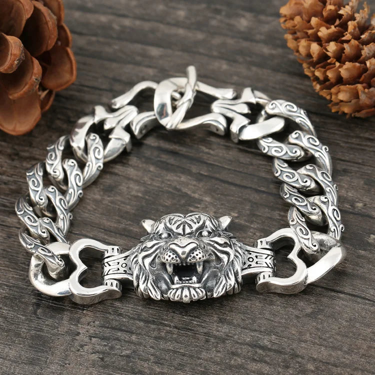 Ethnic style punk 925 sterling silver men's domineering tiger head bracelet wide face personalized trendy vine pattern vintage b