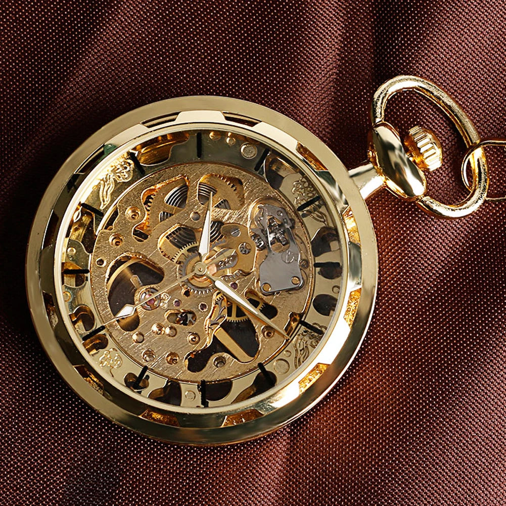 Transparent Open Face Hollow Skeleton Mechanical Pocket Watch Hand Winding Vintage Clock Birthday Gift with Pocket Chain reloj