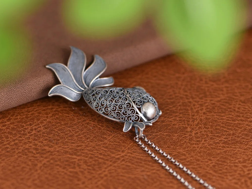 New S925 Silver Retro Vintage Hollowed Out Cute Goldfish Pendant For Ladies Fashionable Lucky Gift