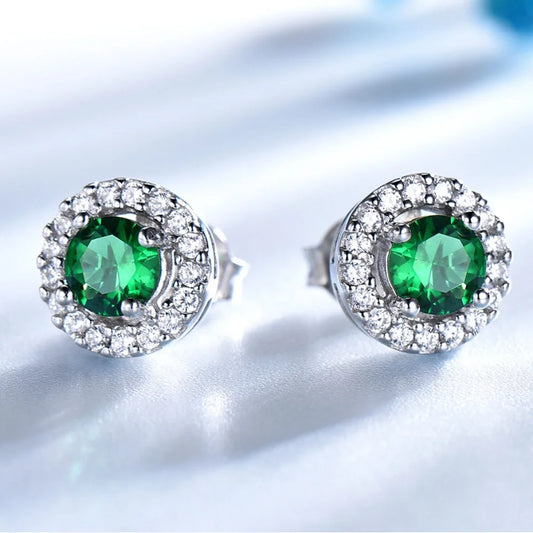 Vintage Non Tarnish Womens 925 Silver Jewelry Earrings Emerald Round Shape Stud Earring for Women Wedding Gifts
