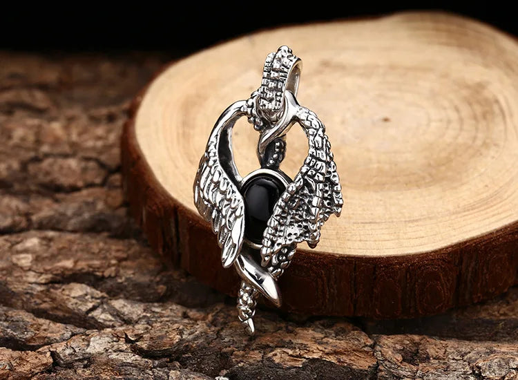 Unisex 925 Sterling Silver Wing Pendant Necklace with Zircon - Vintage Antique Finish Gothic Jewelry