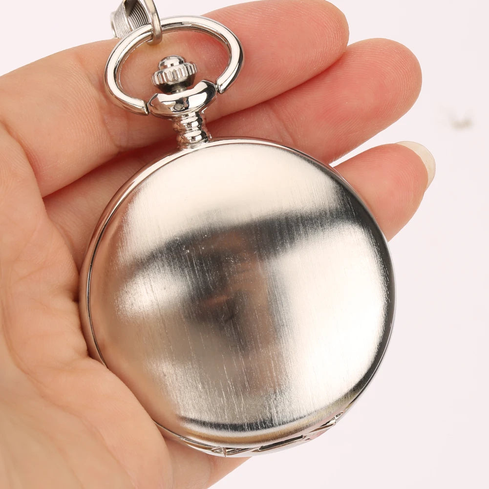Brushed Silver Smooth Mechanical Pocket Men Watch Roman Numerals Dial Elegant Antique Stylish Hand Winding Pocket Clock Male
