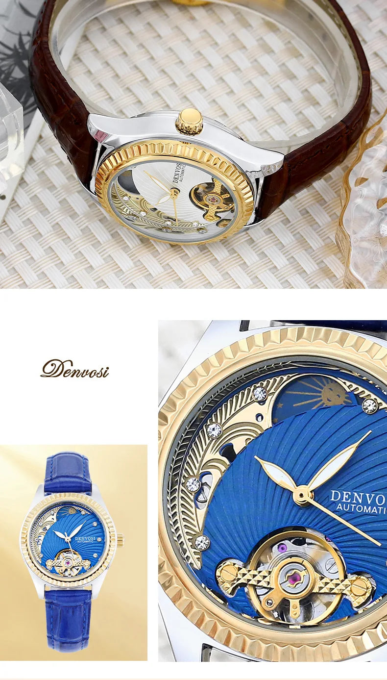 Ladies Flywheel double hollowed luxury fashion casual luminous leather watch with automatic mechanical waterproof wristwatch