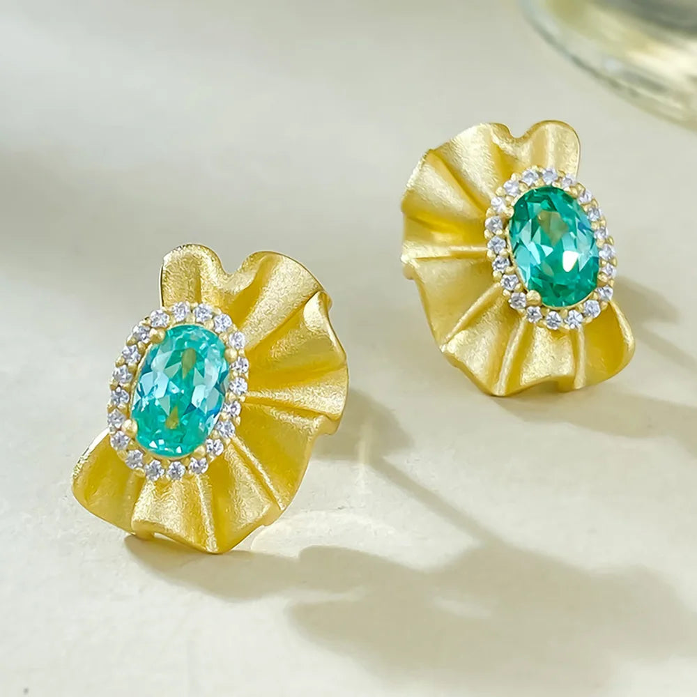 Retro 925 Sterling Silver Stud Earrings for Women with 4*6mm Green Paraiba Tourmaline Gemstone Wedding Party Fine Jewelry Gifts