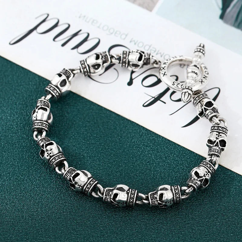 S925 sterling silver bracelet men thick skull heavy industry thai silver retro distressed punk trendystylish jewelry
