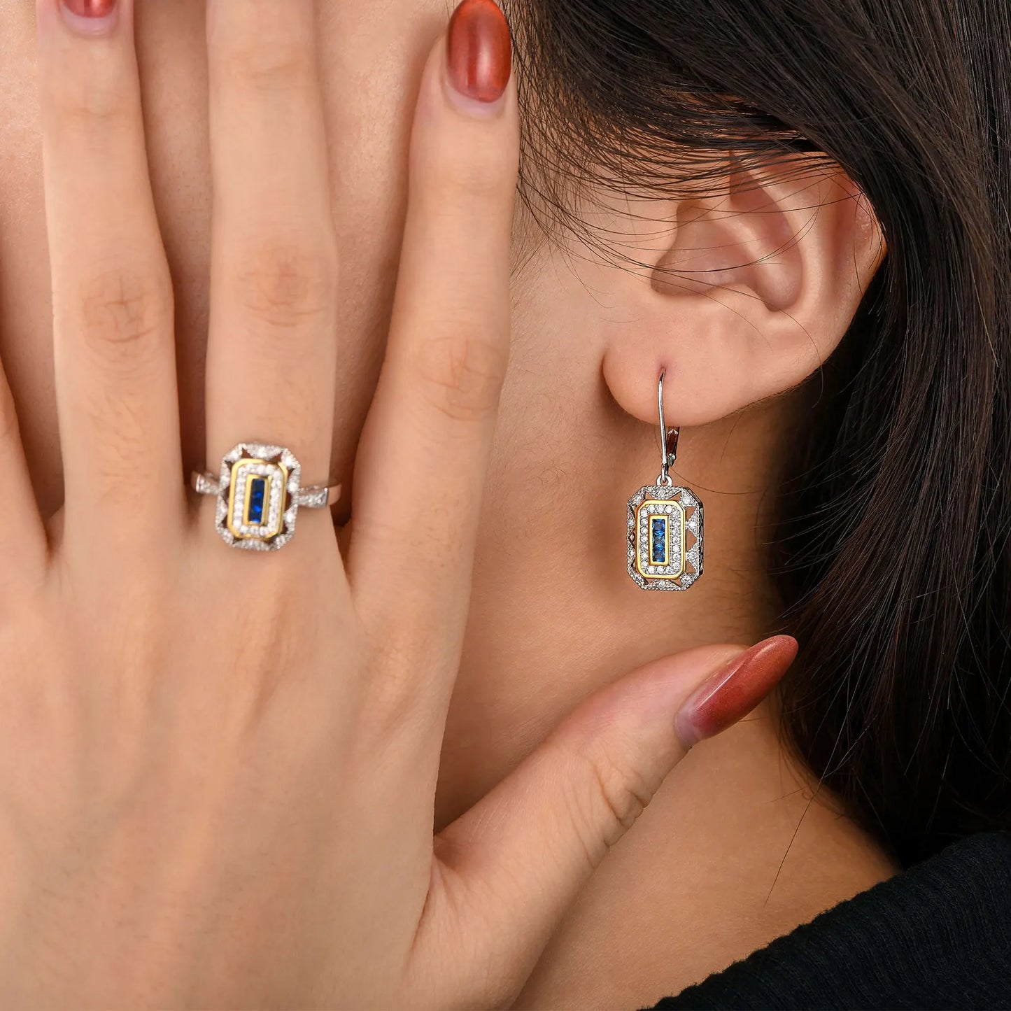 Newshe Solid 925 Sterling Silver K Gold Dangle Drop Earrings for Women Sapphire White AAAAA CZ Vintage Jewelry JE1581