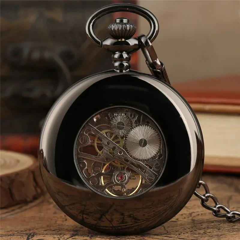 Antique Smooth Case Men Women Hand Winding Mechanical Pocket Watch Hollow-Out Case Roman Numeral Dial Pendant FOB Chain Gift