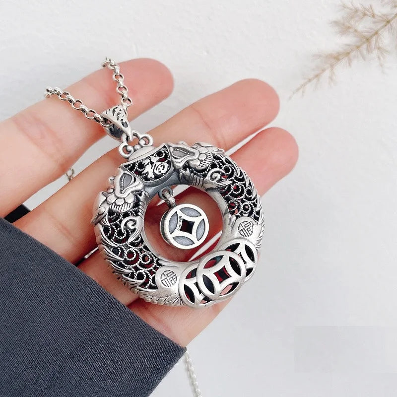 Real S999 Sterling Silver Retro Lucky Double Dragons Pendant For Men Women Chinese Style Fortune Dragon Round Chain Pendant
