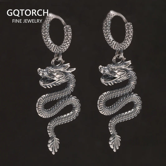 Original 925 Silver Earrings Certification Vintage Dragon Drop Type for Men and Women Punk Hip Hop Animal Jewelry Party Gift