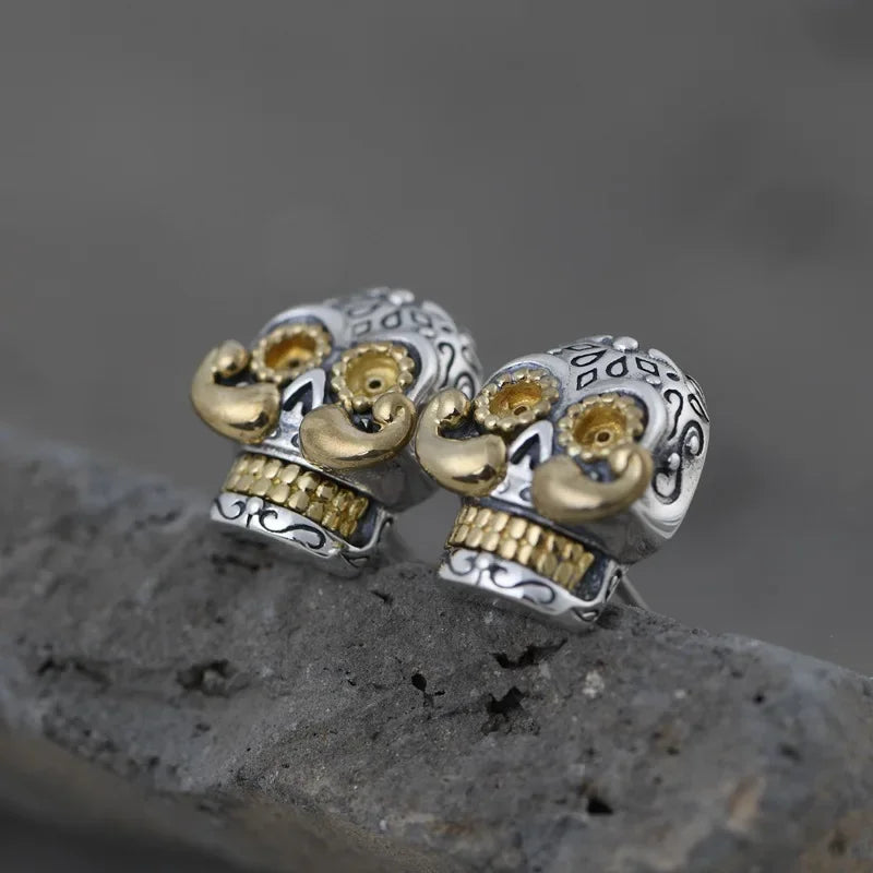 Real S925 Silver Jewelry Retro Thai Fashion Punk Style Long Beard Skull Earrings for Men