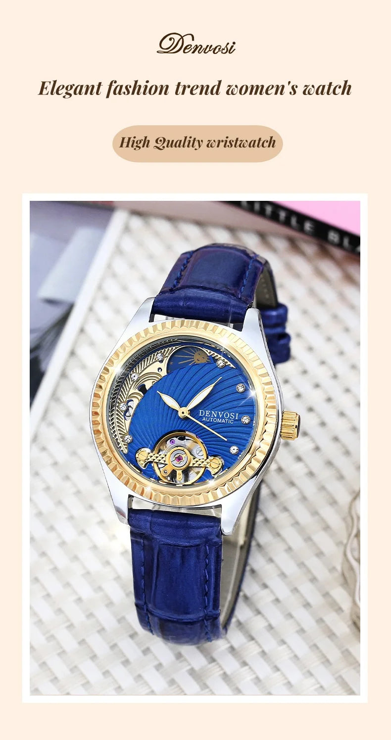 Ladies Flywheel double hollowed luxury fashion casual luminous leather watch with automatic mechanical waterproof wristwatch