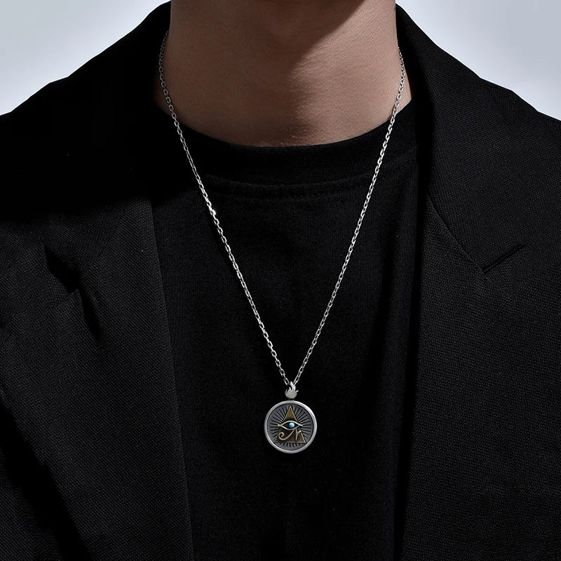 Necklace Pendant Real 925 Sterling Silver Men Eye Of God Horus Inlaid Turquoise Vintage Jewelry Free Dropshipping P28