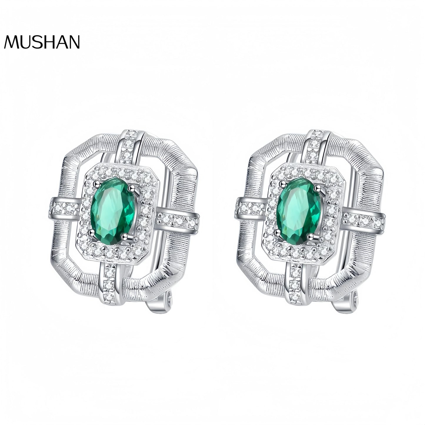 MuShan Luxury Brand Hollow Out Diamond Studded Green Zircon Earrings 925 Sterling Silver Stud Earrings Fine Jewelry