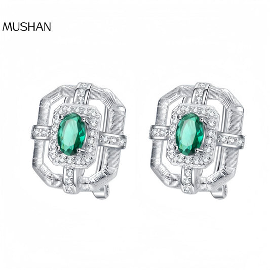 MuShan Luxury Brand Hollow Out Diamond Studded Green Zircon Earrings 925 Sterling Silver Stud Earrings Fine Jewelry
