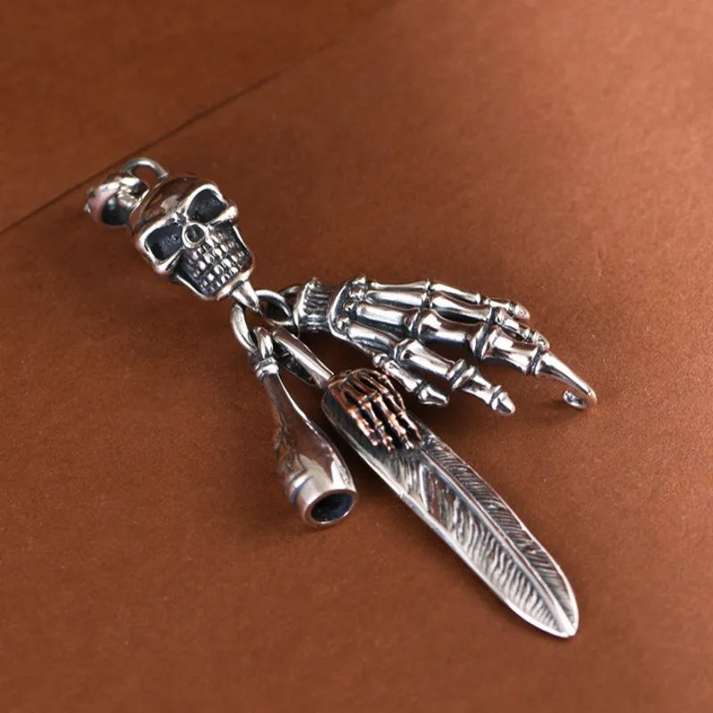 BOCAI New S925 Silver Retro Personalized Trendy Hip Hop Skull Feather Bone Claw Bowling Bottle Men's Pendant
