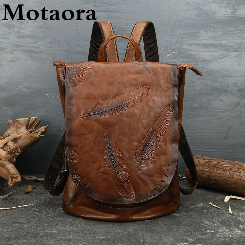 MOTAORA Luxury Genuine Leather Backpack for Women Vintage Embossed Cowhide Shoulder Bag Feather Design Leisure Purse Ladies