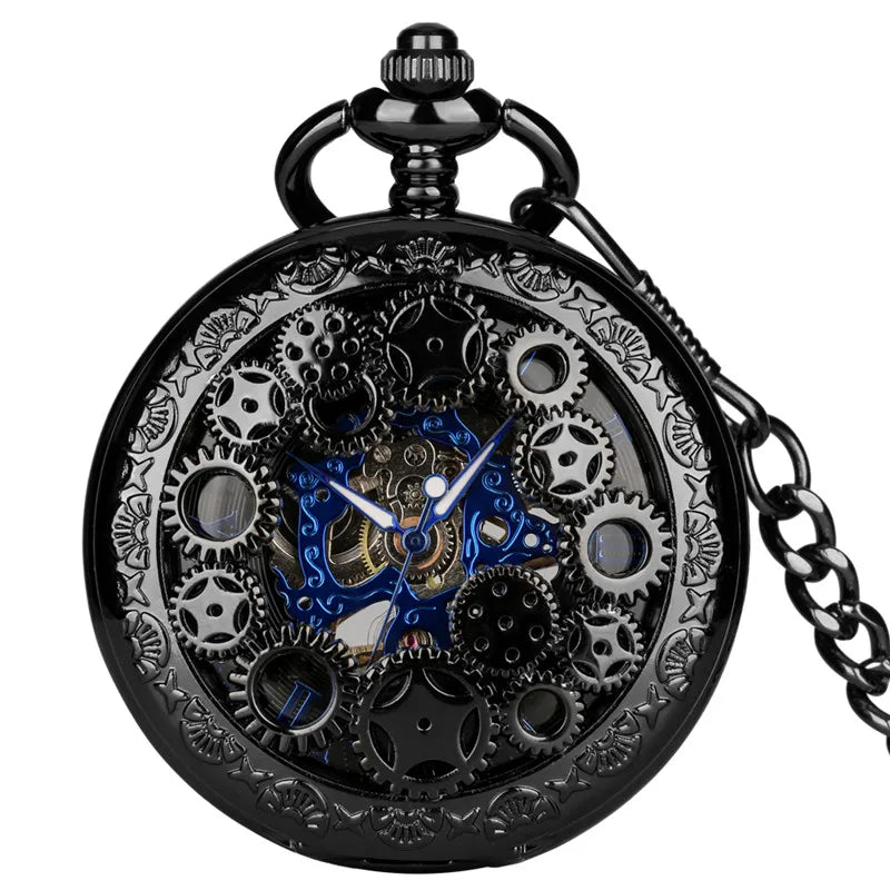 Antique Pocket Watch Hollow Gear Case Men's Hand Winding Mechanical Clock Pendant Chain Luminous Hands Black Timepiece
